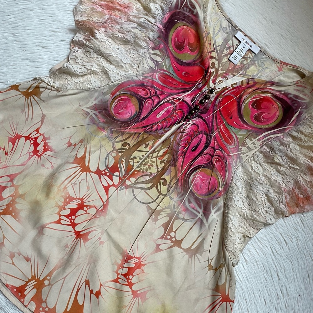 Womens Style & Co beautiful boho butterfly print lace sleeve top - Picture 7 of 15